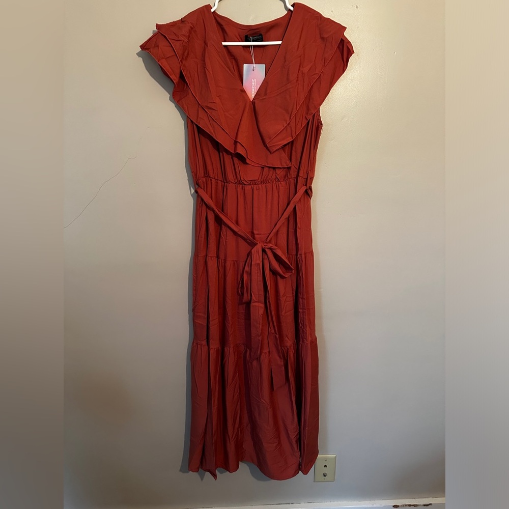 Bloomchic Solid V Neck Ruffles Split Belted Maxi Dress, 2X (18-20), Salmon color